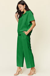 Double Take Full Size Texture Half Zip Short Sleeve Top and Pants Set OutfitFlow